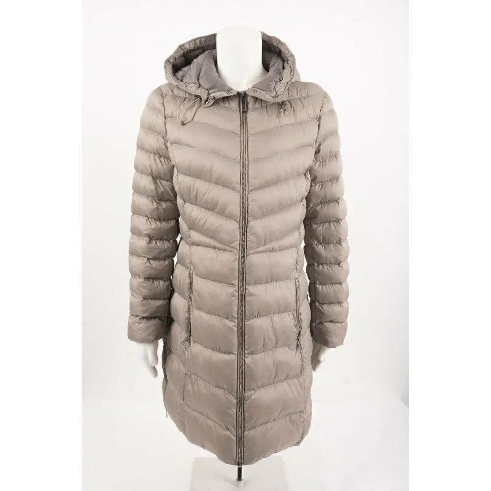 Massimo Dutti Womans Gray Puffer Coat Jacket Mid Length Hood M 8719/509 Packable